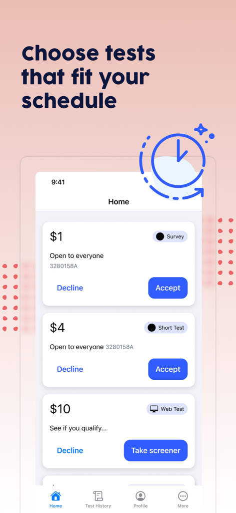 Écran d'accueil de l'application UserTesting montrant un flux de tests rémunérés disponibles pour des sondages et des recherches Web.