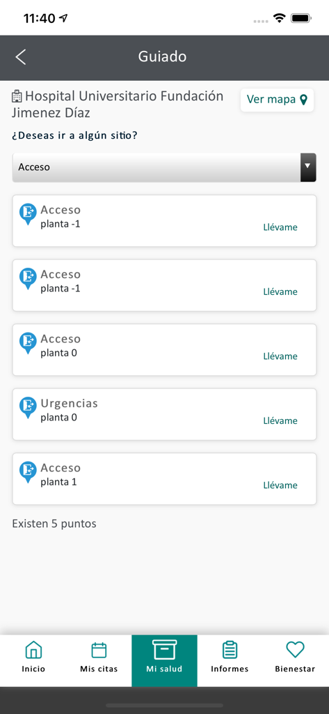 Fundación Jimenez Díaz - Guided navigation screen of the Fundacion Jimenez Diaz app showing a list of access points and floor levels within the hospital