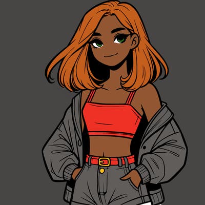 a realistic girl with a crop top and short shorts in an open jacket