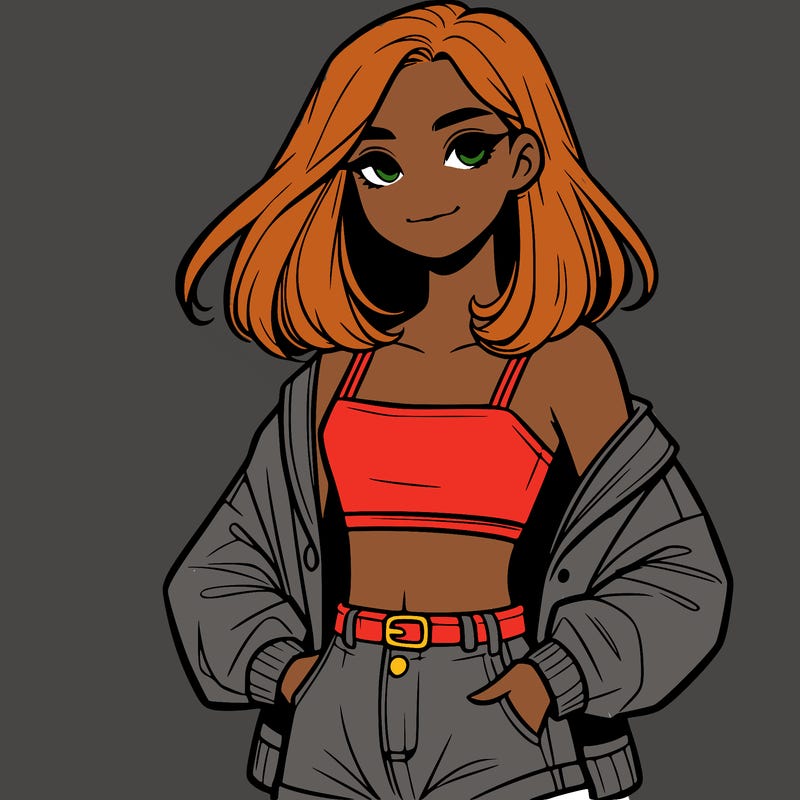 a realistic girl with a crop top and short shorts in an open jacket