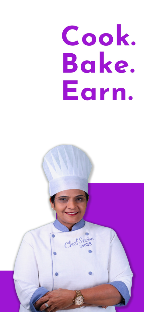 Swad Institute - Chef Sneha in a white chef uniform with the text Cook Bake Earn for Swad Institute