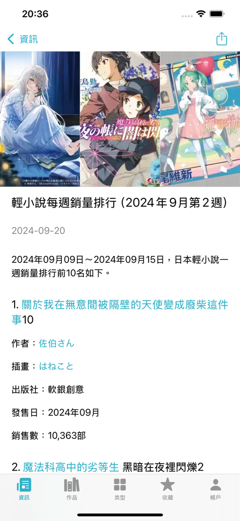 輕小說百科 - Light Novel Encyclopedia app showing the weekly sales ranking of Japanese light novels.