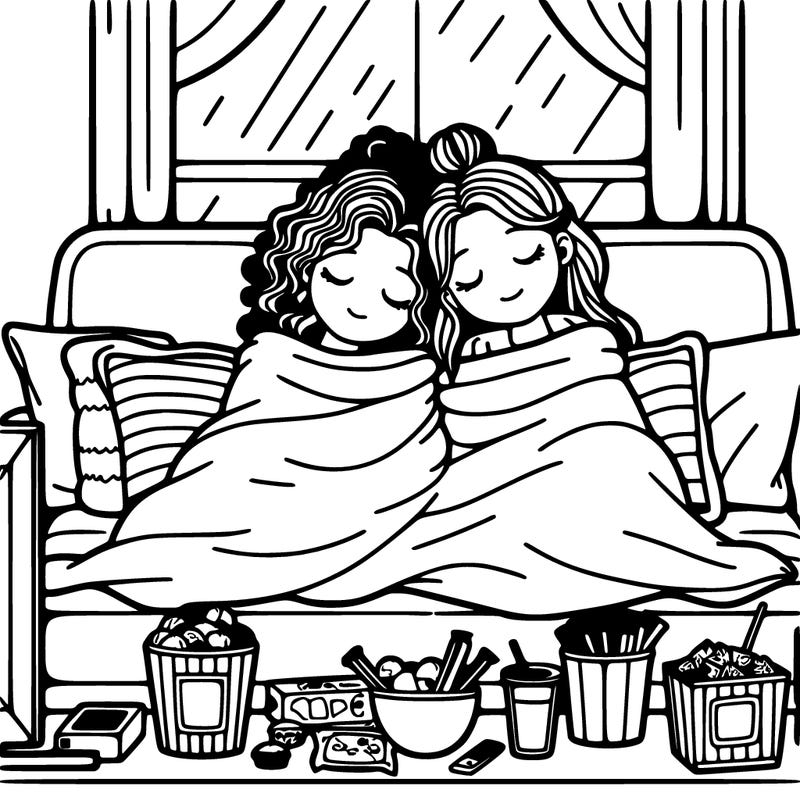 realistic movie date night 2 girls cuddling at home one of the girls has curly hair up in bun blankets snacks watching movies on the television