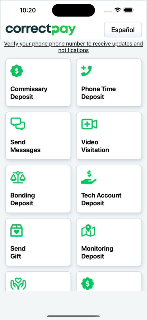 CorrectPay - CorrectPay app interface showing services for commissary deposits phone time and video visitation