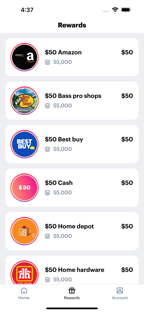 YouGov - Página de recompensas de la aplicación YouGov que muestra opciones de tarjetas regalo de cincuenta dólares para Amazon, Best Buy y dinero en efectivo