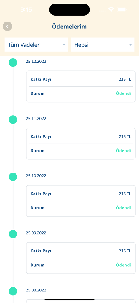 Katılım Cep - Écran de l'historique des paiements de l'application mobile Katilim Cep montrant un historique des paiements de cotisations.