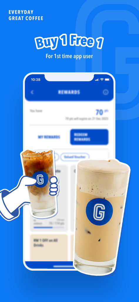 Gigi Coffee - Gigi Coffee app interface featuring a Buy 1 Free 1 welcome offer and rewards points system.