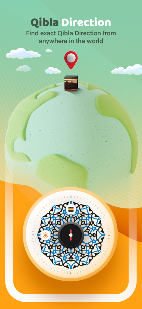 Qibla Direction feature in the Muslim and Quran app showing a compass and globe.