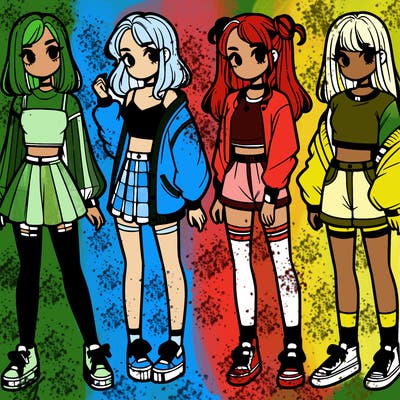 one girl with crop-top shirt and a jacket with a skirt, long socks and another girl with a shirt and pants with a jacket