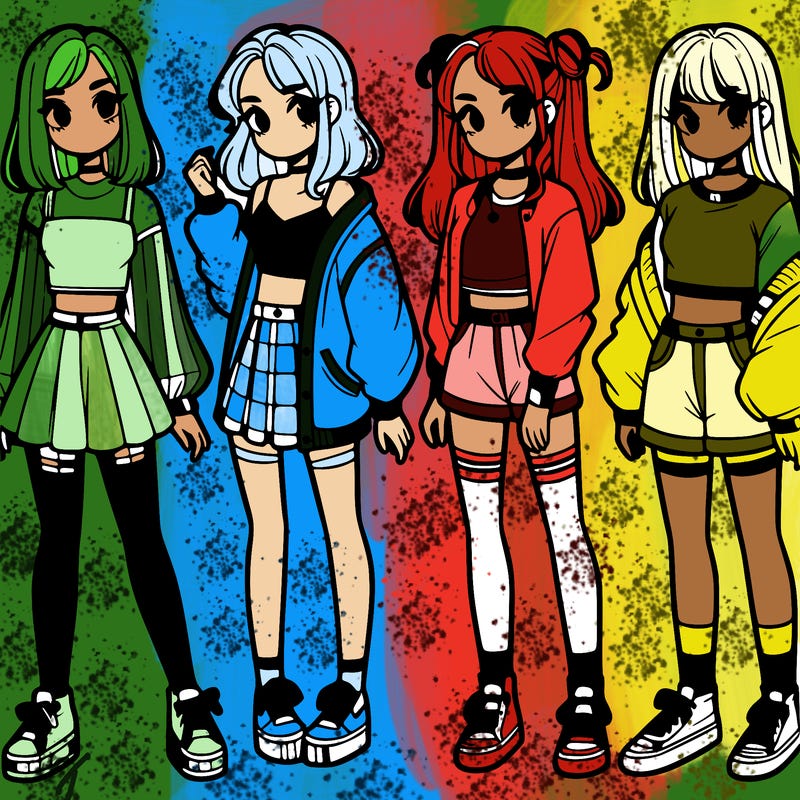 one girl with crop-top shirt and a jacket with a skirt, long socks and another girl with a shirt and pants with a jacket