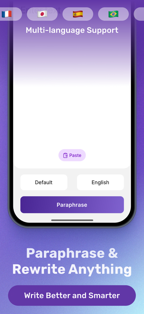 Paraphrase - Rewrite Tool - Interfaz de la aplicación móvil Parafrasear Herramienta de Reescritura que muestra soporte multilingüe y pantalla de entrada de texto