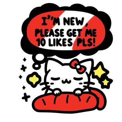 kitty taking a nap dream talking and saying "i'm new, please get me at least 10 likes pls!!"