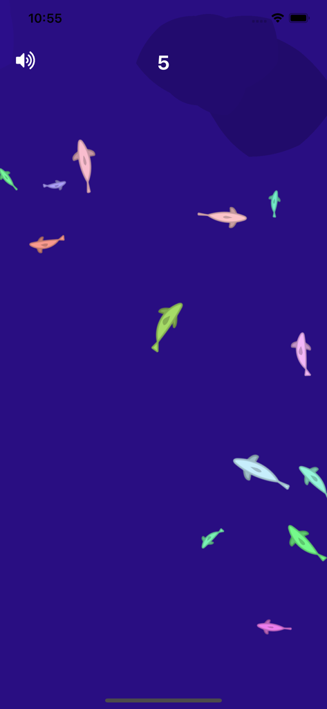 Uno screenshot del gioco Fish in a Watch che mostra pesci colorati che nuotano in un oceano blu