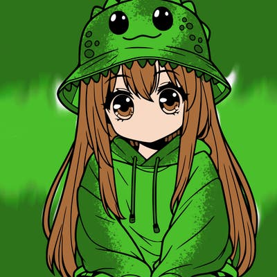 girl with anime shaped eyes with a dinosaur bucket hat oversized sweatshirt long straight hair