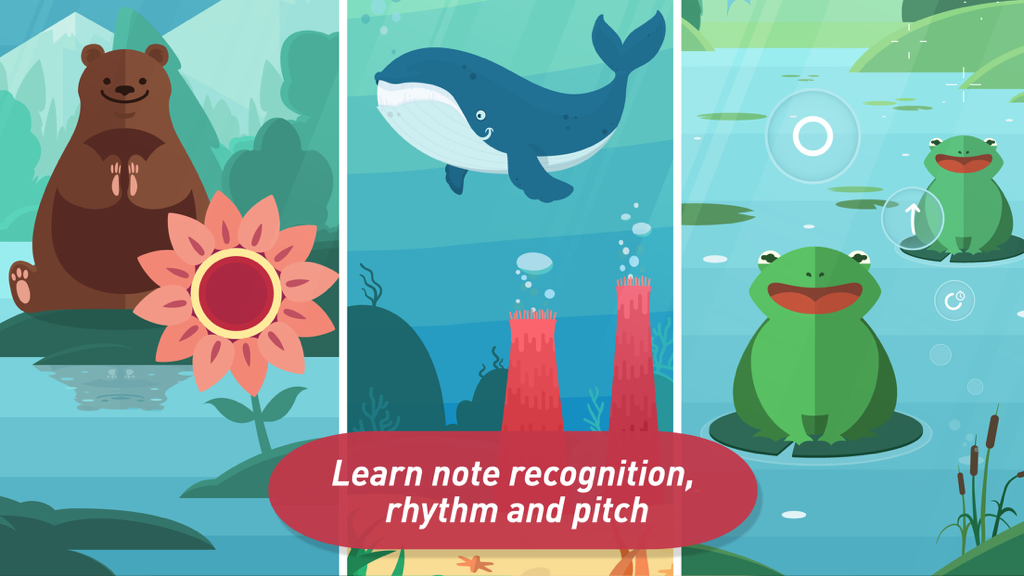 Easy Music - Give kids an ear for music - Animated game screens showing a bear, a whale and frogs in a nature themed environment to teach kids music notes and rhythm
