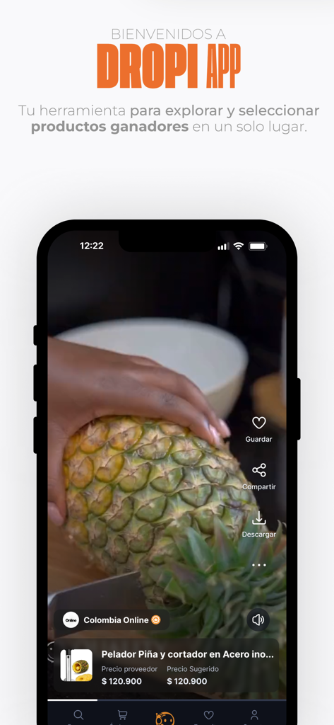 Dropi App - Dropiアプリのウェルカム画面。ステンレス製パイナップルピーラーの動画デモンストレーションと、商品詳細、ソーシャル共有ボタンが表示されています。