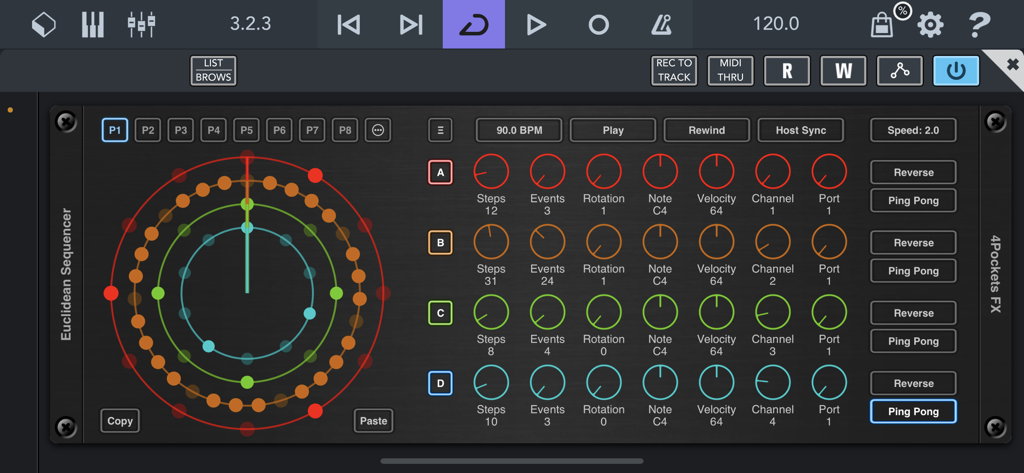 Euclidean AUv3 Sequencer - Interfaz de la aplicación Euclidean AUv3 Sequencer mostrando bandas de ritmo circulares y controles de producción musical