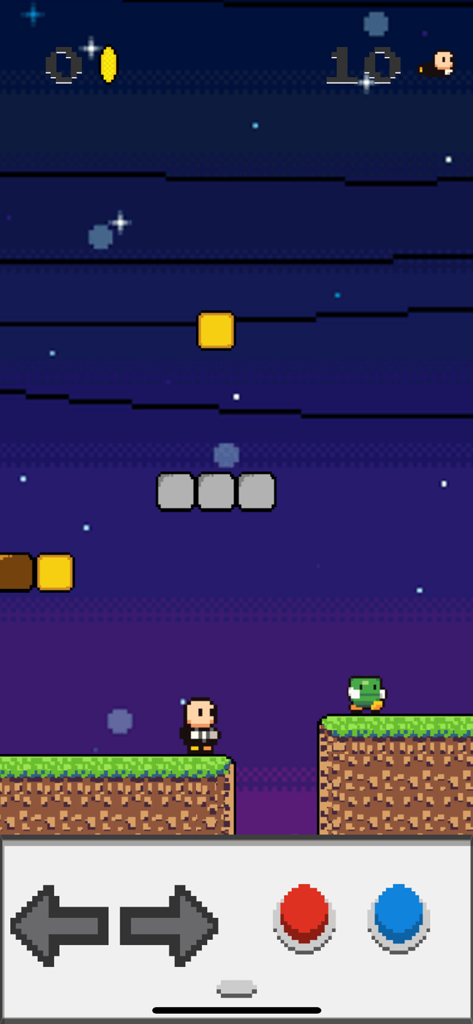 Super Bros! - A retro 8-bit platformer gameplay scene showing a pixel art character and a monster in a night level with an on-screen gamepad.