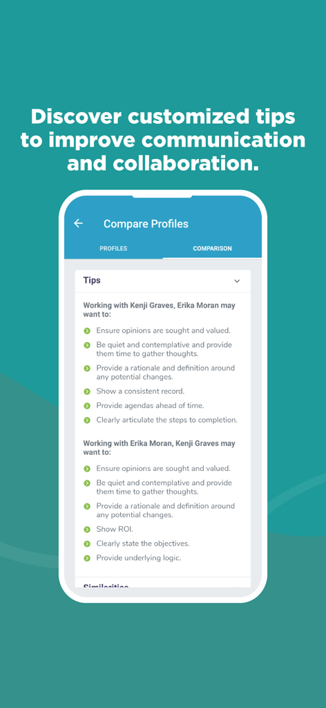 Emergenetics+ - Emergenetics app interface displaying personalized tips for collaboration and communication between team members