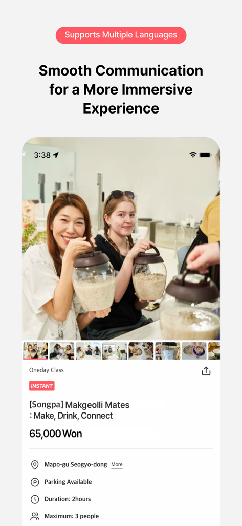 SOMSSIDANG - Experience Korea - A Makgeolli making workshop page on the Somssidang app featuring local Korean experiences.