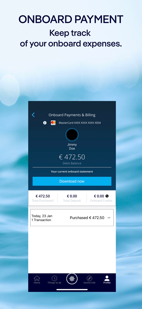 MSC for Me - Screenshot of the MSC for Me app showing onboard expenses and billing details with a debit balance and transaction history
