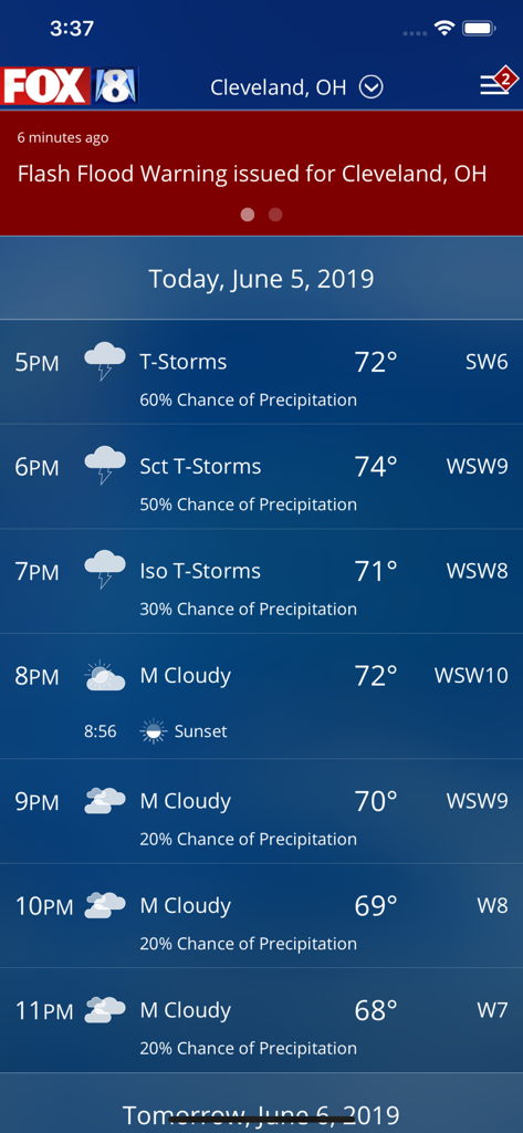 FOX8 Cleveland Weather - Screenshot of the FOX8 Cleveland Weather app showing a flash flood warning and hourly forecast for Cleveland, Ohio.