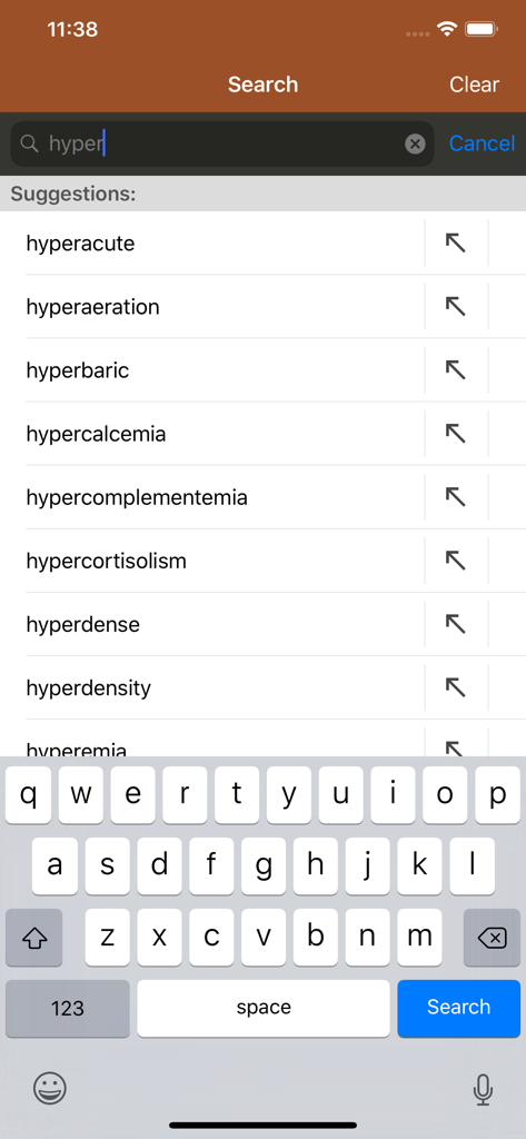 Search interface showing medical term suggestions in the USMLE Images for the Boards app.