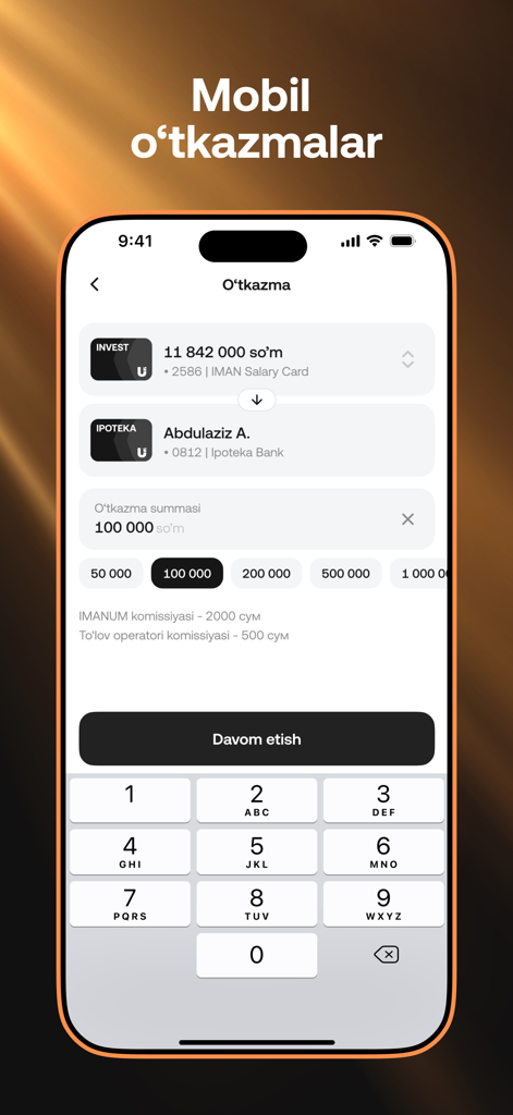 IMANUM - Screenshot of the IMANUM fintech app showing the mobile money transfer screen for ethical financial transactions.