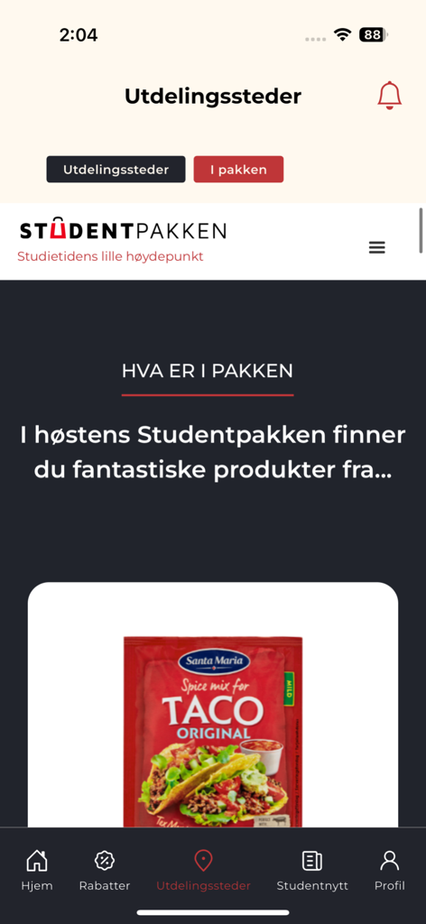 Studentpakken - Screenshot of Studentpakken app showing the contents of the student package including taco seasoning