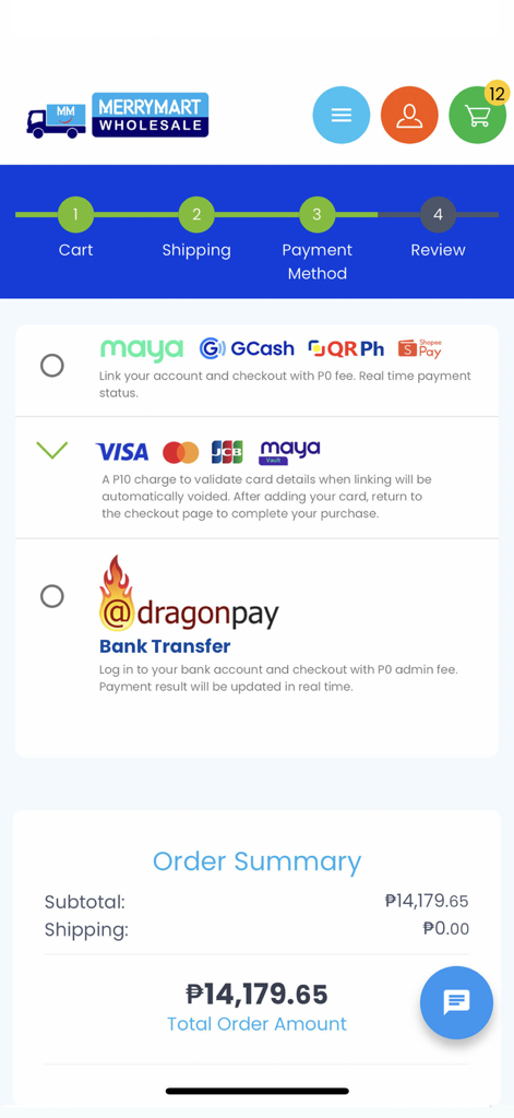 MM Wholesale - MM Wholesale app checkout screen showing payment methods like Maya GCash Visa and Dragonpay with a subtotal over 14000 pesos