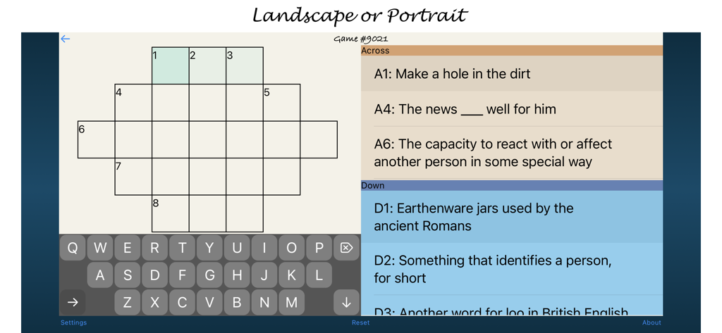 Landscape view of Solo Cross app with a crossword puzzle grid and clues
