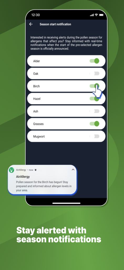 AirAllergy - AirAllergy app screen showing pollen notification settings and a birch season alert