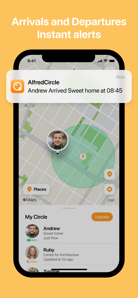 AlfredCircle app displaying a real time arrival notification on a map for family safety