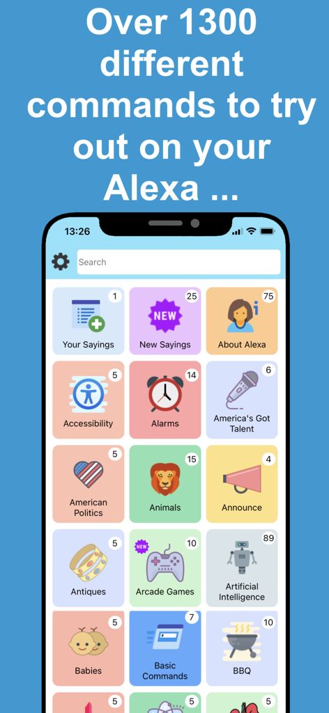 Ask for Amazon Alexa App - Screenshot of the Ask for Amazon Alexa app showing various command categories like alarms and games
