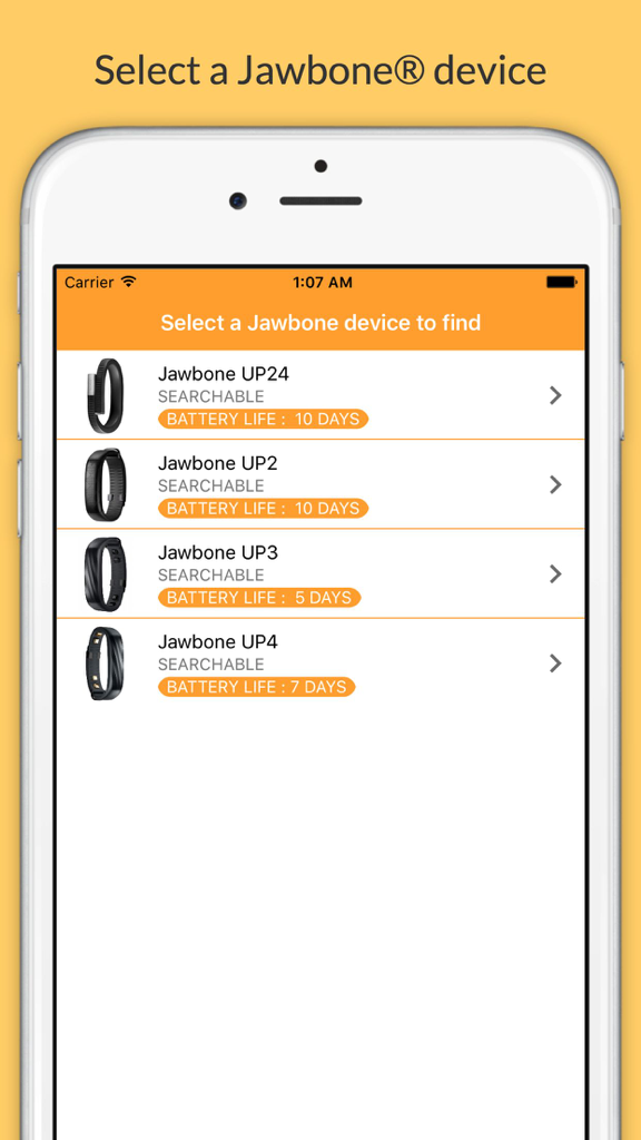 Der Geräteauswahlbildschirm der Finder für Jawbone App mit den Modellen UP24, UP2, UP3 und UP4.