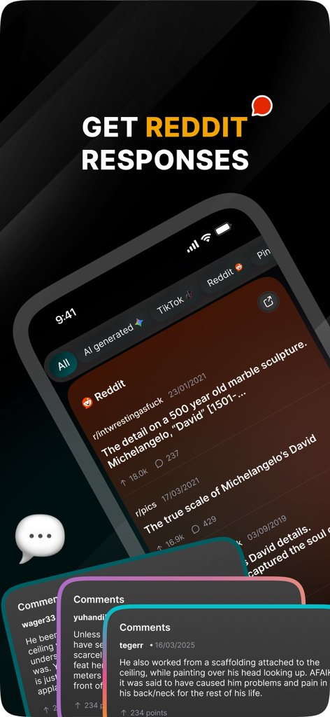 Una pantalla de smartphone que muestra la interfaz de la aplicación Navo con resultados de búsqueda de Reddit y comentarios de usuarios bajo el titular Obtener Respuestas de Reddit.