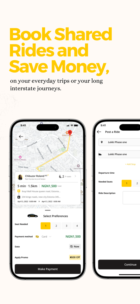 Rideshare NG - Promotional screen of the Rideshare NG app showing the interface for booking and posting shared rides in Lagos