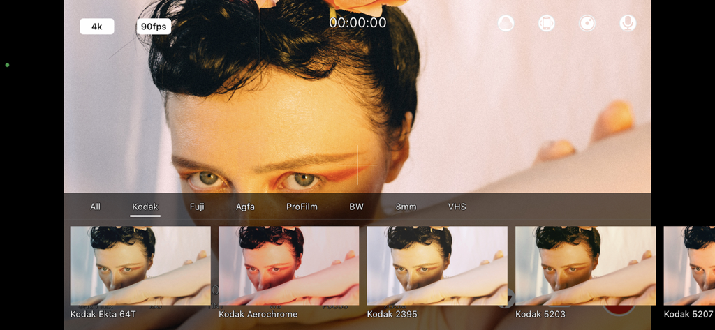 ProCam app interface showing cinematic Kodak film filters for manual video recording