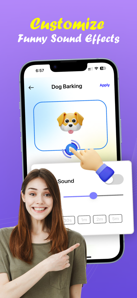 Don't Touch My Mobile - A woman pointing at a smartphone screen showing customization options for funny alarm sound effects like a dog barking.