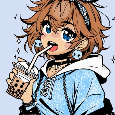 hot baddie anime girl drinking boba and biting the straw