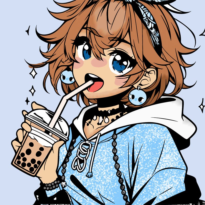 hot baddie anime girl drinking boba and biting the straw
