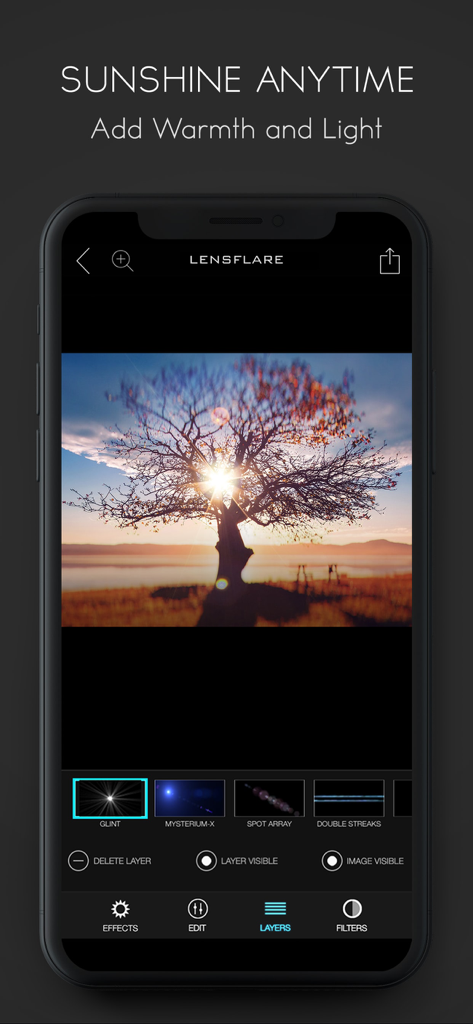Smartphone interface showing the LensFlare app adding a realistic sun flare to a tree photo