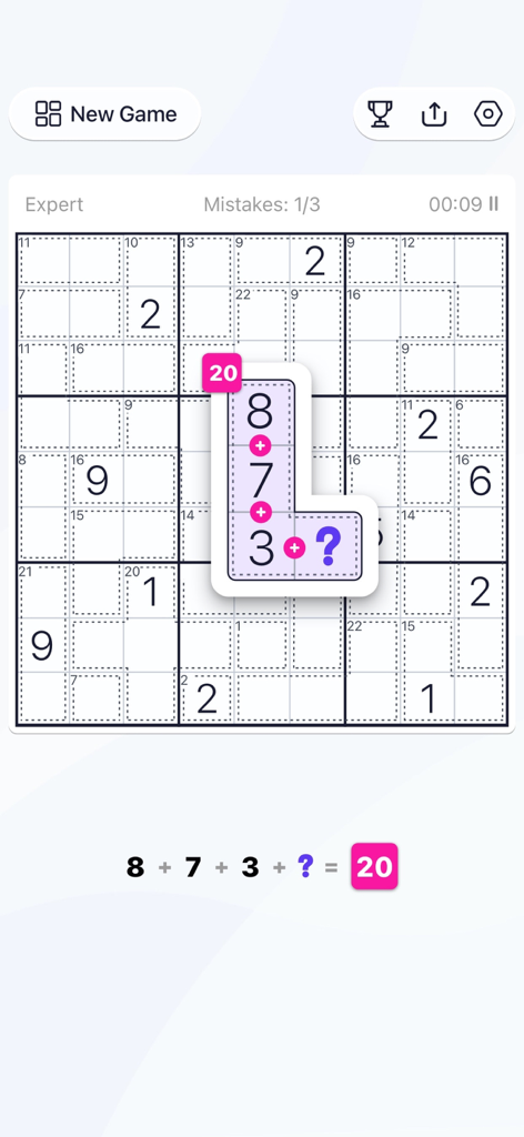 Killer Sudoku - Puzzle Games - Gameplay screenshot showing the sum calculation logic in a Killer Sudoku puzzle cage.