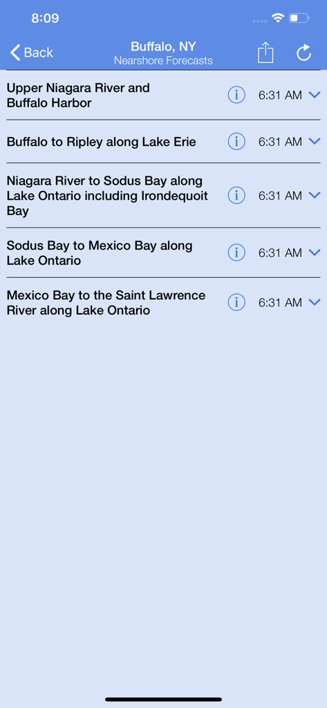 List of nearshore forecast regions for Buffalo New York on the Nearshore mobile app