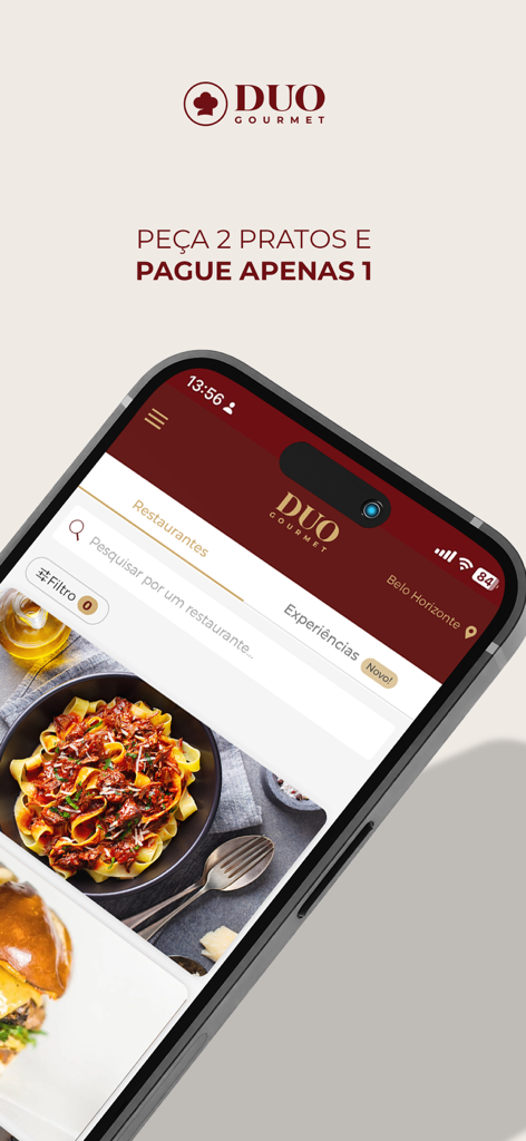 Duo Gourmet mobile app interface showing a buy one get one free restaurant offer
