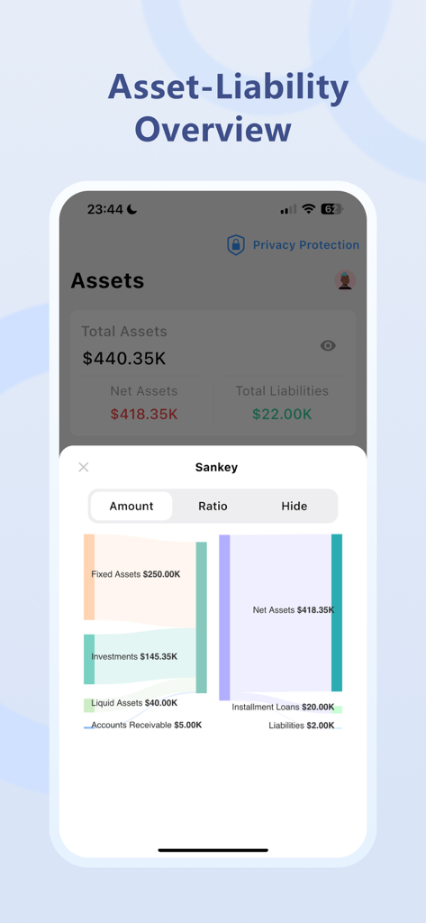 Snowball Portfolio - Snowball Portfolio app interface showing an asset-liability overview with a Sankey chart visualizing net worth, assets, and liabilities.