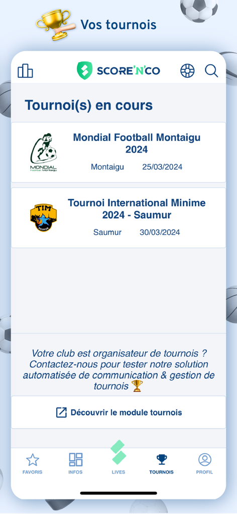 Score'n'co - Sport en direct - Score'n'co app screen displaying a list of ongoing amateur sports tournaments.