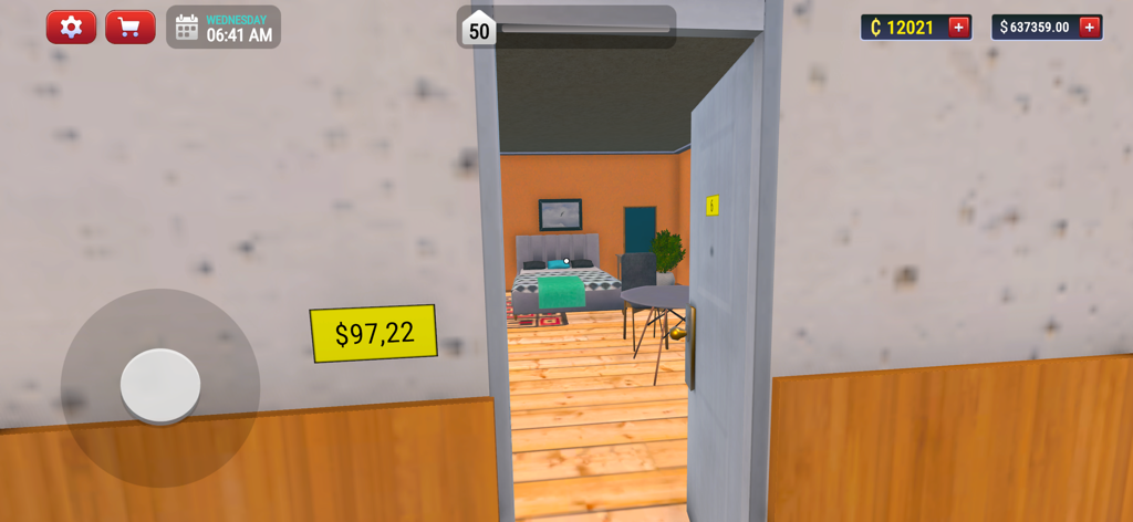 My Hotel Simulator 3D - Visão em primeira pessoa de um quarto de hotel mobiliado com uma porta aberta em My Hotel Simulator 3D