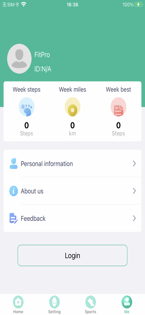 The user profile screen of the FitPro app displaying weekly steps summary and settings menu