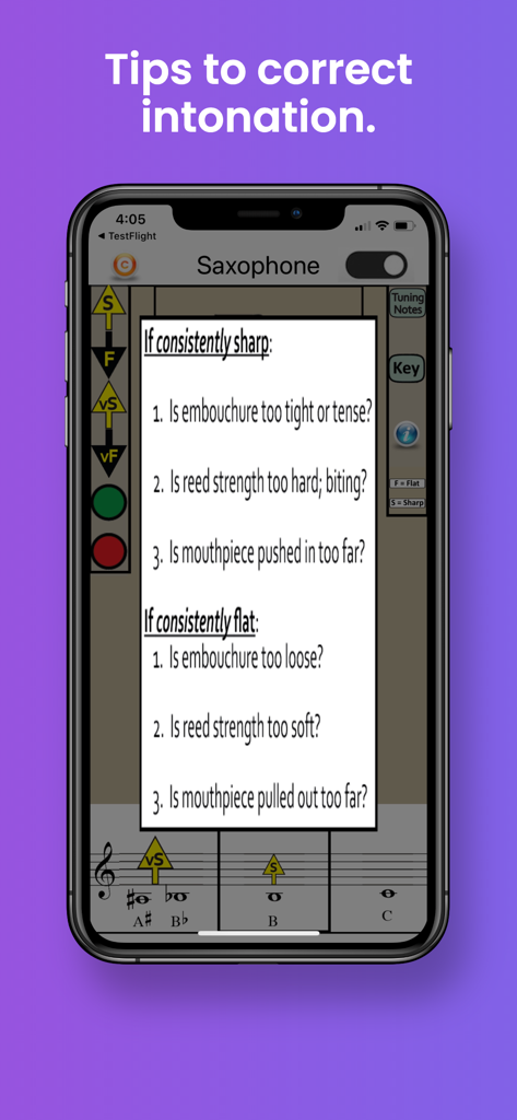 Saxophone Fingering & Tuning - Pantalla de aplicación móvil que muestra consejos de entonación de saxofón para corregir notas agudas o graves